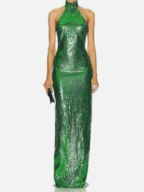 Bode Women's Green Sequined High-Neck Siren Gown Dress Size 2